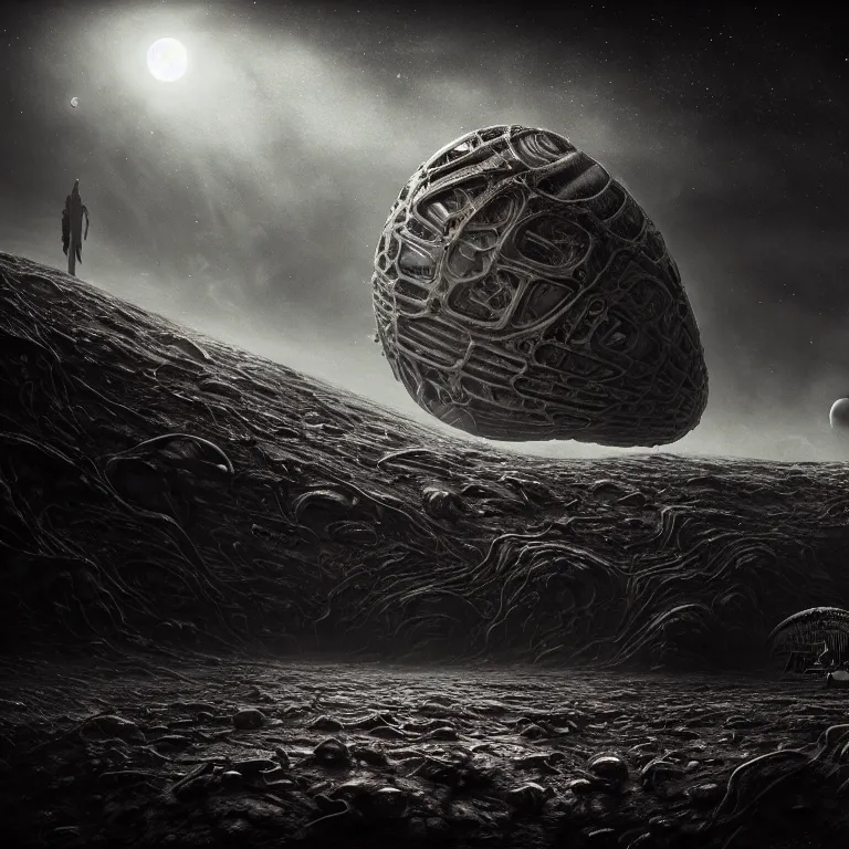 Prompt: ribbed surreal abandoned alien spaceship on exoplanet, covered in a desolate empty wasteland, creepy, nightmare, dream-like heavy atmosphere, surreal abandoned buildings, beautiful detailed intricate insanely detailed octane render trending on Artstation, 8K artistic photography, photorealistic, chiaroscuro, Raphael, Caravaggio, Beksinski, Giger