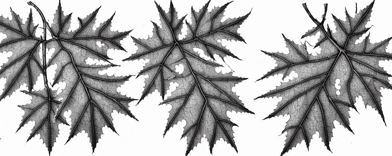 Image similar to a full page schematic diagram illustration of an hybrid between oak leaf and wine leaf, ultra detailed, 4 k, intricate, encyclopedia illustration, fine inking lines