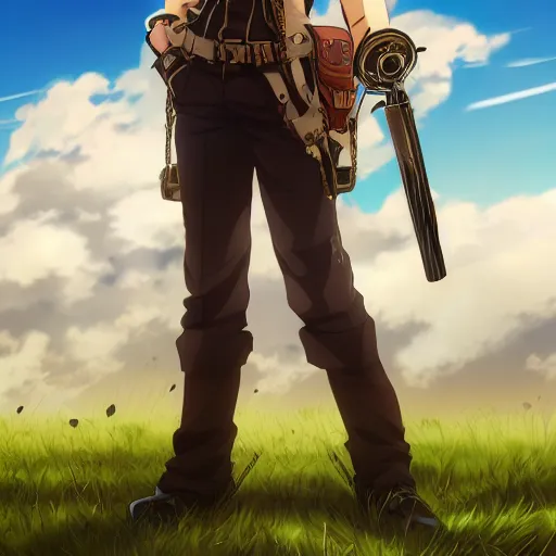 Prompt: full body portrait of a handsome anime guy with steampunk weapons, smug, sheriff, brown uniform, dirty blond, finely detailed, cinematic lighting, grass, sky, clouds, sunny, beautiful,