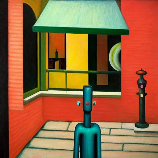 Image similar to robot cafe, blocky courtyard, grant wood, pj crook, edward hopper, oil on canvas