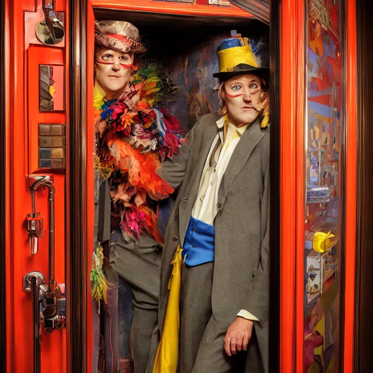 Image similar to professional octane render portrait by wayne barlow and carlo crivelli and glenn fabry, a flamboyant man in a bright colorful saturated wes anderson elevator operator costume inside a dark and moody vintage elevator in a high - end exotic vintage boutique hotel, very short depth of field, bokeh