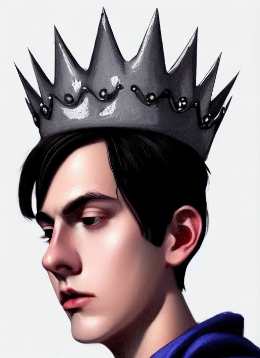 Image similar to portrait of teenage jughead jones wearing a light grey crown, photorealistic, crown, eyes closed, crown, black hair, intricate, elegant, glowing lights, highly detailed, digital painting, artstation, concept art, smooth, sharp focus, illustration, art by wlop, mars ravelo and greg rutkowski