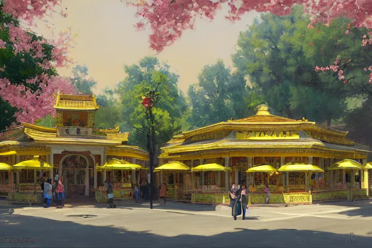 Image similar to painting of a yellow waffle house front view, rococo style, greek architecture, pink marble building, sakura trees, sakura season dynamic lighting, landscape, artwork by jeremy lipkin and giuseppe dangelico pino and michael garmash and rob rey and greg manchess and huang guangjian and makoto shinkai, pixiv, 1 0 0 mm