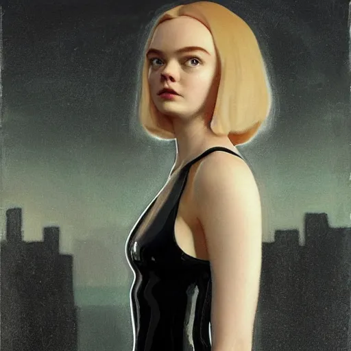 Image similar to Elle Fanning wearing a black latex suit in the style of Paola Vetri, head and shoulders portrait, stormy weather, extremely detailed masterpiece, oil on canvas, low-key neon lighting, artstation, Blade Runner 2049, Roger Deakin’s cinematography, by J. C. Leyendecker and Peter Paul Rubens and Edward Hopper and Michael Sowa,