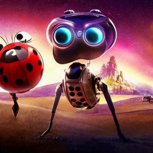 Image similar to promotional movie still, ladybug futuristic ( ( descendants ) ), ladybug quadruped with big rgb eyes, huge ladybug mothership, space western, dramatic lighting, the fellowship of the ring ( film ), ( ( ( wall - e ( film ) ) ) )