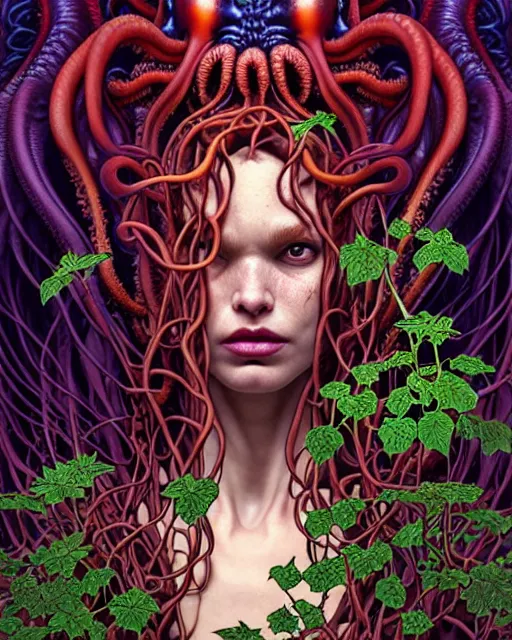 Image similar to closeup portrait the platonic ideal of flowers and roots of cletus kasady, venom, poison ivy, ultimate beautiful succubus medusa, cthulhu, intricate, hyperrealism, intense, dmt, artgerm, moebius, greg rutkowski, dan mumford, alphonse mucha