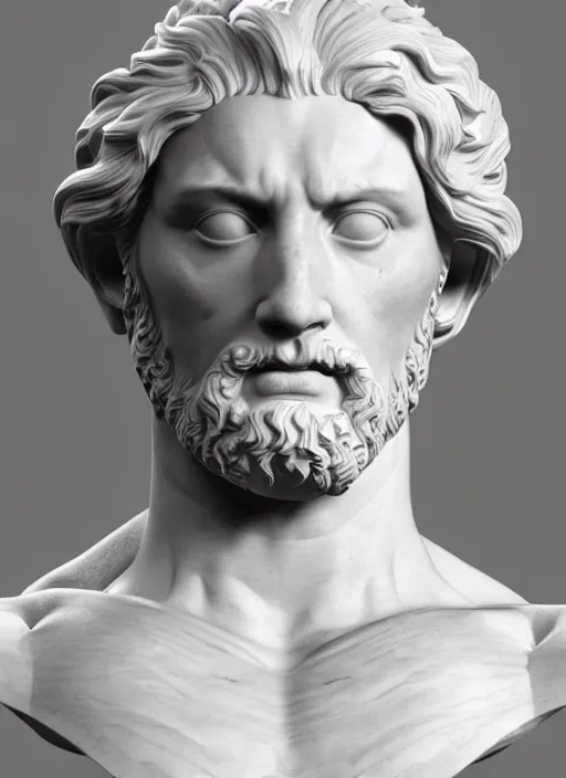 Prompt: stylized carrara marble ornate statue bust made of marble of hercules, perfect symmetrical body, perfect symmetrical face, hyper realistic, hyper detailed, by johannen voss, by michelangelo, octane render, blender, 8 k, displayed in pure white studio room