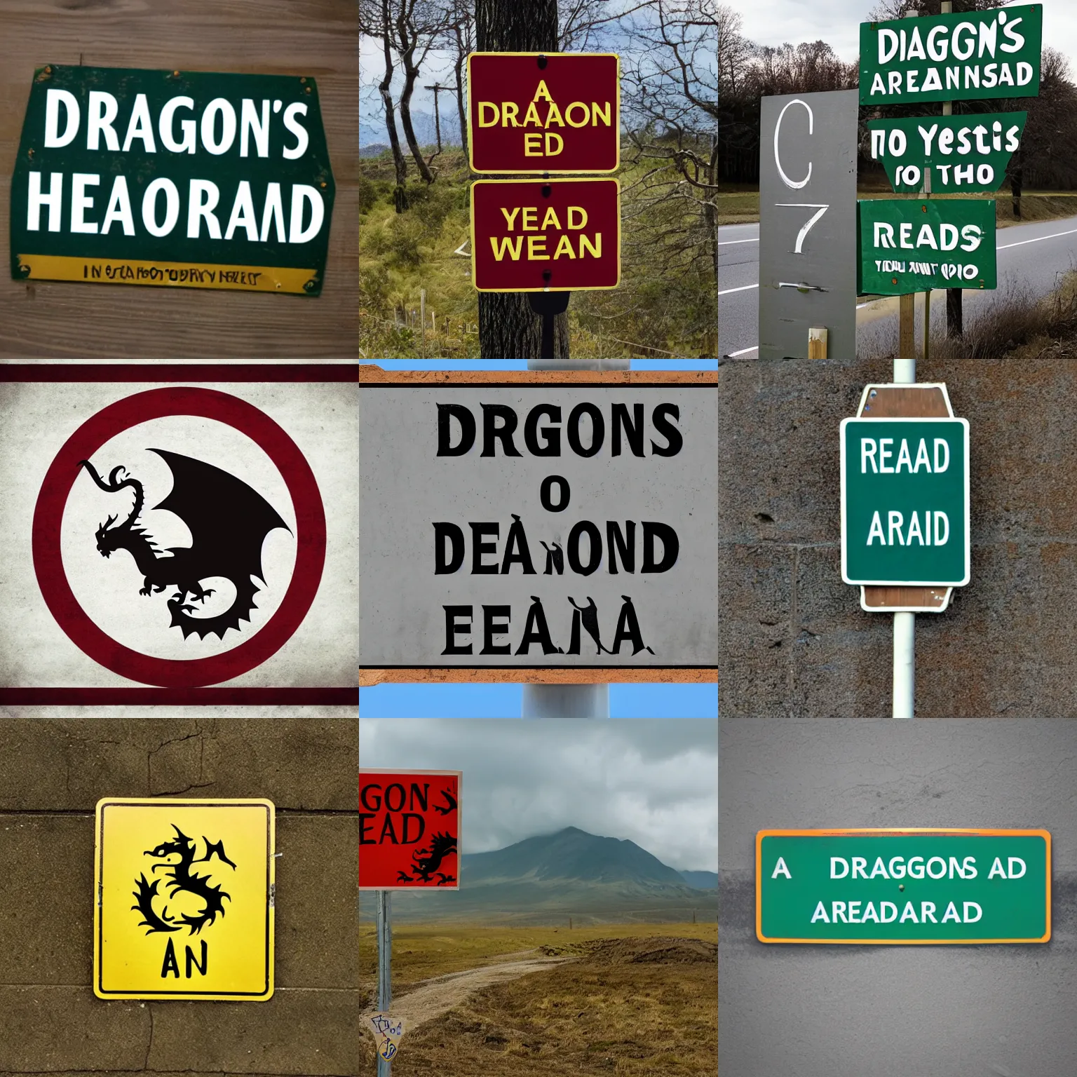 Prompt: a sign that says DRAGONS AHEAD