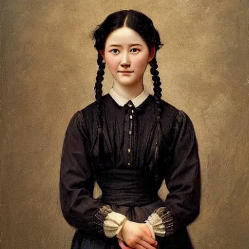 Prompt: a ((sadly)) (((smiling)))) black haired, young hungarian village maid from the 19th century who looks very similar to (((Lee Young Ae))) with a two french braids, detailed, soft focus, realistic oil painting by da Vinci