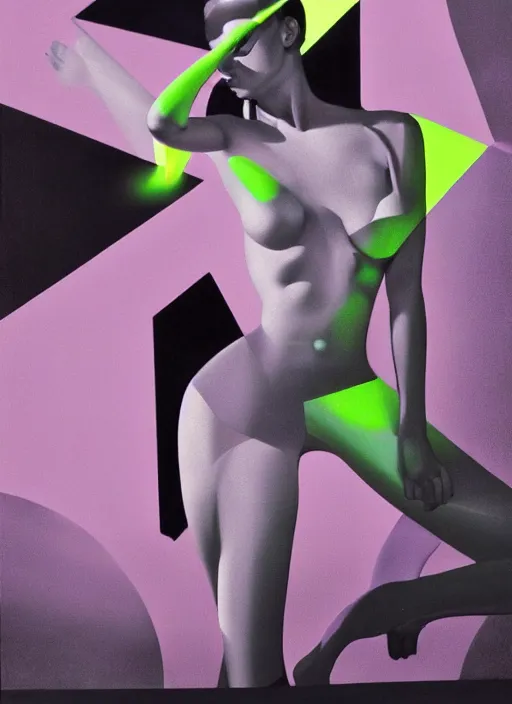 Image similar to futuristic lasers tracing, colorsmoke, fullbodysuit, pyramid hoodvisor, raindrops, wet, oiled, beautiful cyborg girl pinup, by steven meisel, kaws, rolf armstrong, cubist perfect geometry abstract acrylic, hyperrealism photorealistic airbrush collage painting, monochrome, neon fluorescent colors, minimalist rule of thirds, eighties eros