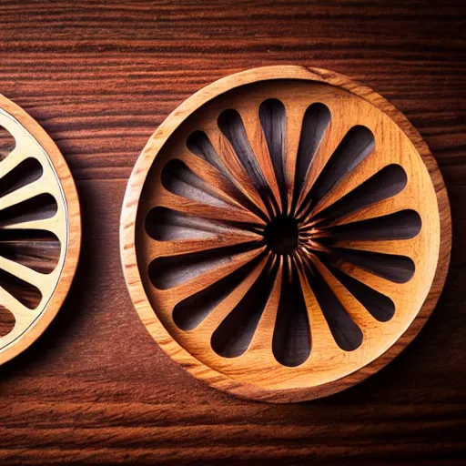 Image similar to camera lens aperture blades made of walnut wood. minimal. dramatic lighting.