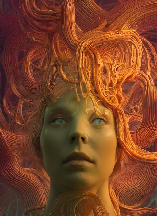 Image similar to subsurface scattering, translucent, medusa made of soft wax, cgsociety, wooden art nouveau swirls, colored smoke, gold cables, neurons, nuclear, in the style of ruan jia and beeple and giger, mystical colors, back light, rim light, dramatic lighting, 8 k, stunning scene, raytracing, octane render