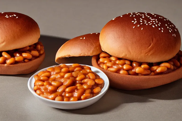 Prompt: mcdonalds baked beans between two sesame seed buns, commercial photograph