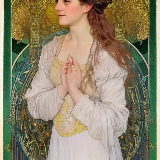 Image similar to a detailed, intricate art nouveau portrait painting of a girl who resembles 1 8 - year - old saoirse ronan and emma watson in a white bridal gown, in a garden of fireflies and glowing lanterns at night, by alphonse mucha, donato giancola, and john william waterhouse