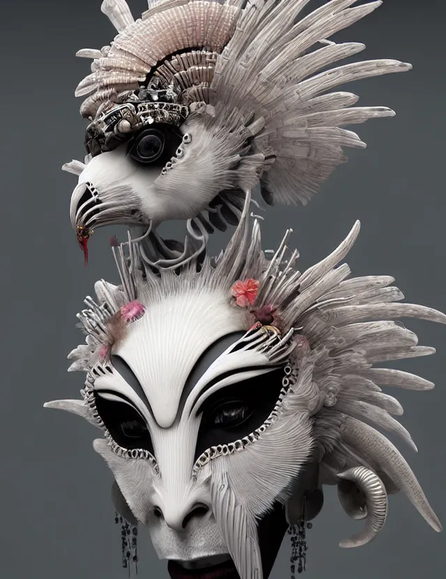 Image similar to 3 d photo realistic goddess close - up profile portrait punk with mohawk with ram skull. beautiful intricately detailed japanese crow kitsune mask and clasical japanese kimono. betta fish, jellyfish phoenix, bio luminescent, plasma, ice, water, wind, creature, artwork by tooth wu and wlop and beeple and greg rutkowski