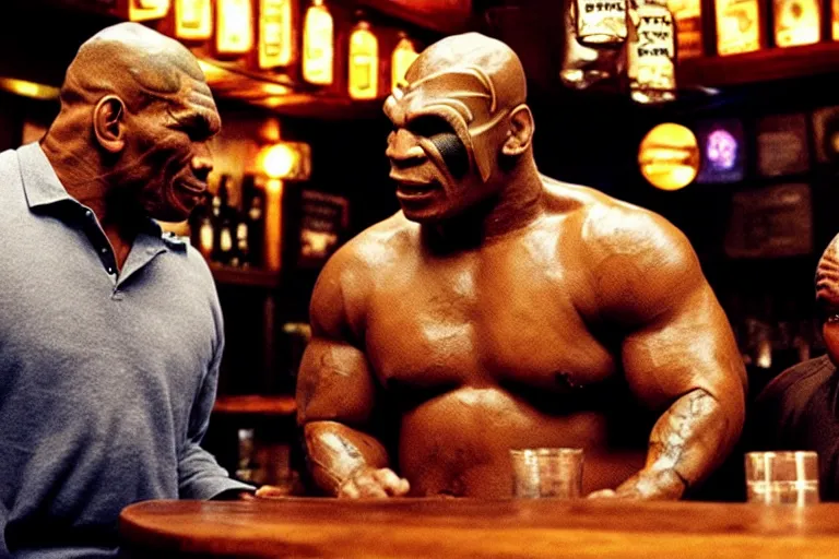 Image similar to a giant toad and mike tyson sitting in a bar, movie directed by martin scorsese and christopher nolan, masterpiece, 8 h