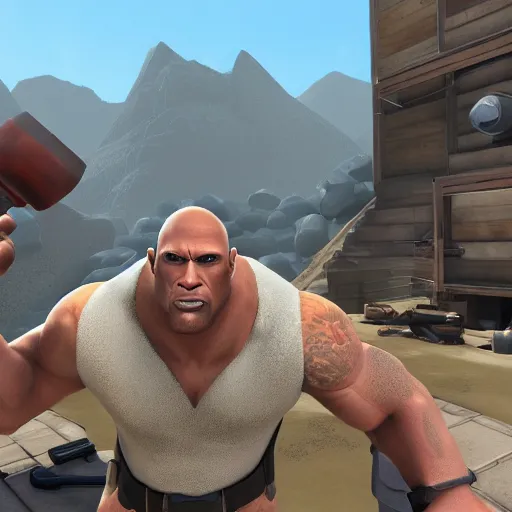 Prompt: Dwayne Johnson in Team Fortress 2, HD 4k game screenshot, Valve official announcement, new character