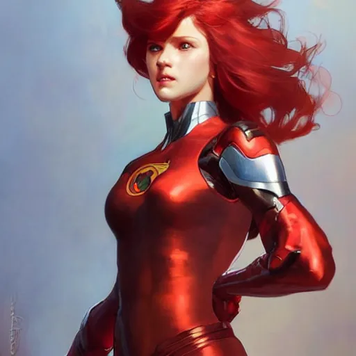 Prompt: a cool red - plate - haired girl. she is dressed as a superhero. clean elegant painting, beautiful detailed face. by artgerm and greg rutkowski and alphonse mucha