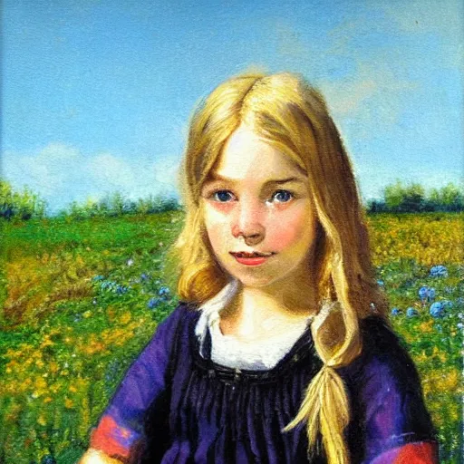 Image similar to young blonde pioneer girl in a meadow, portrait, oil