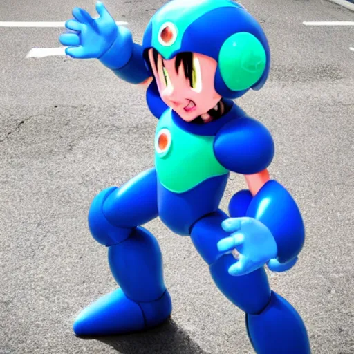 Image similar to megaman begging for food on the street, photorealistic