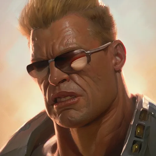 Image similar to close up portrait of duke nukem, backlit, painted by stanley lau, painted by greg rutkowski, painted by stanley artgerm, masterpiece, digital art, trending on artstation