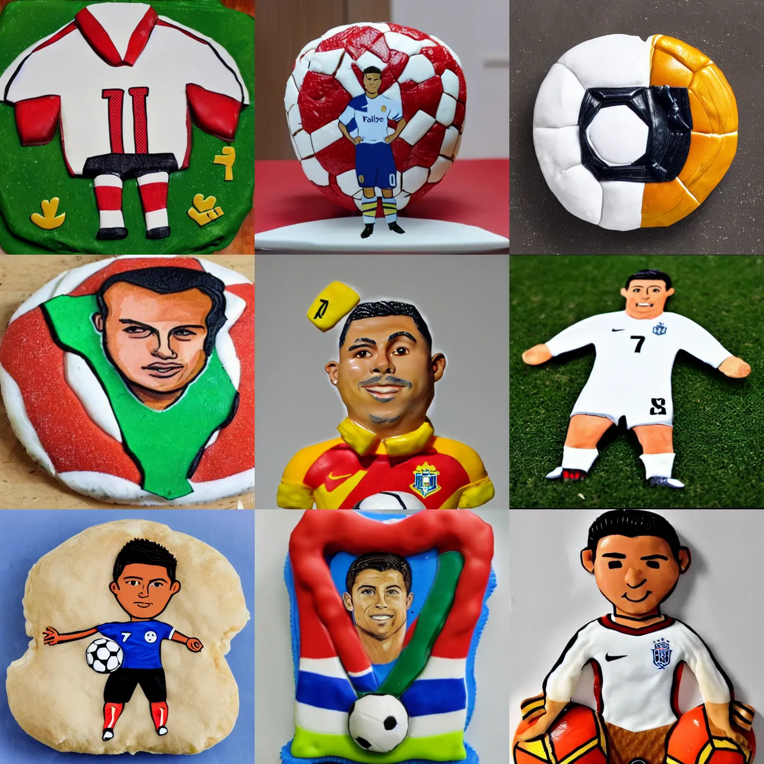Prompt: soccer player ronaldo 7 made of portuguese sweet bread dough