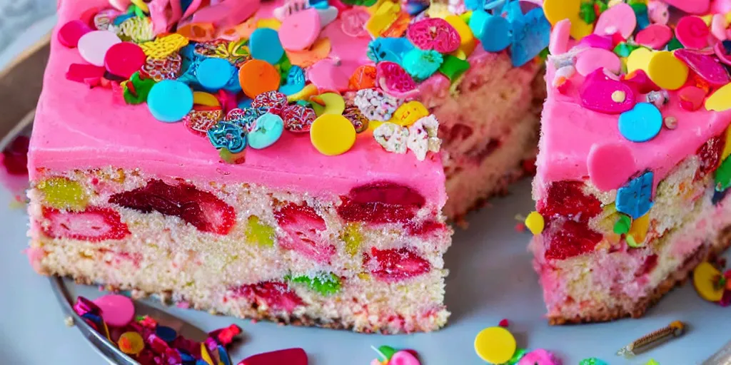 Image similar to piece of pink strawberry cake with hundreds of colorful pins stuck in it