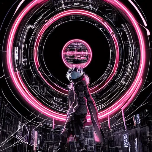 Prompt: Perfect circle portal leading to a vast neon cyberpunk Tokyo in style of Tsutomu Nihei. Cyberpunk, vertical symmetry, 8K, Highly Detailed, Intricate, Vivid.