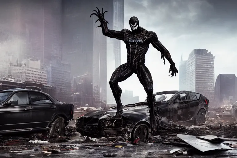 Prompt: Venom symbiote standing on top of a destroyed car in an urban environment, arms stretched wide, by Marvel Studios by Jason Chan and Greg Rutkowski, hyperealistic, Octane render, volumetric lighting