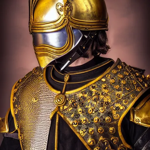 Prompt: man in royal decorated with gold medieval baroque style armor and helmet and golden cross on his chest rennaisance art style high resolution high detail