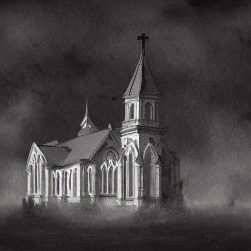 Image similar to victorian church in the middle of the city, dark, misty, at night, 8 k, detailed, concept art, trending on artstation