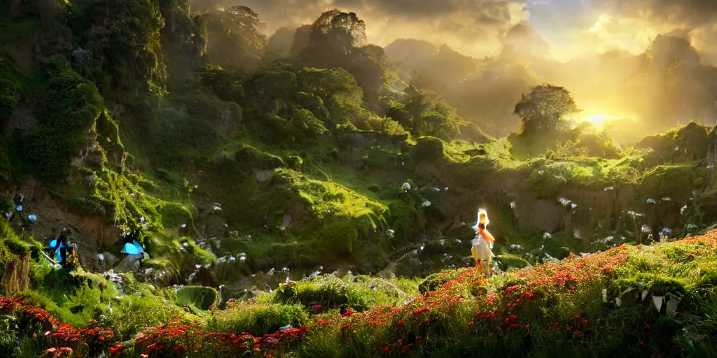 Prompt: an elegant winged fairy in the lord of the rings scenery landscape, looking out at a vast lush valley flowers and homes made of mushrooms, stream, sunrise, god's rays highly detailed, vivid color, cinematic lighting, perfect composition, 8 k, gustave dore, derek zabrocki, greg rutkowski, belsinski, octane render
