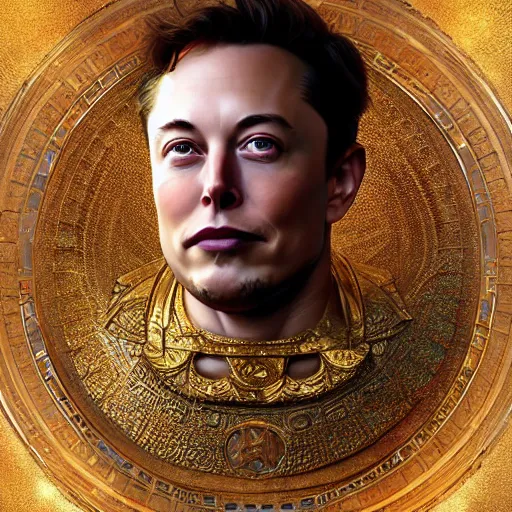 Image similar to portrait of Elon Musk as a greek god, marble statue, greek mythology, gold crown and filaments, intricate, headshot, highly detailed, digital painting, artstation, concept art, sharp focus, cinematic lighting, illustration, art by artgerm and greg rutkowski, alphonse mucha, cgsociety