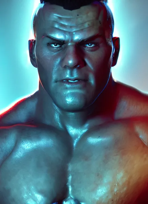 Image similar to glowwave portrait of a muscular demon, au naturel, hyper detailed, digital art, trending in artstation, cinematic lighting, studio quality, smooth render, unreal engine 5 rendered, octane rendered, art style by pixar dreamworks warner bros disney red dead redemption far cry doom cyberpunk 2 0 7 7 riot games and overwatch.