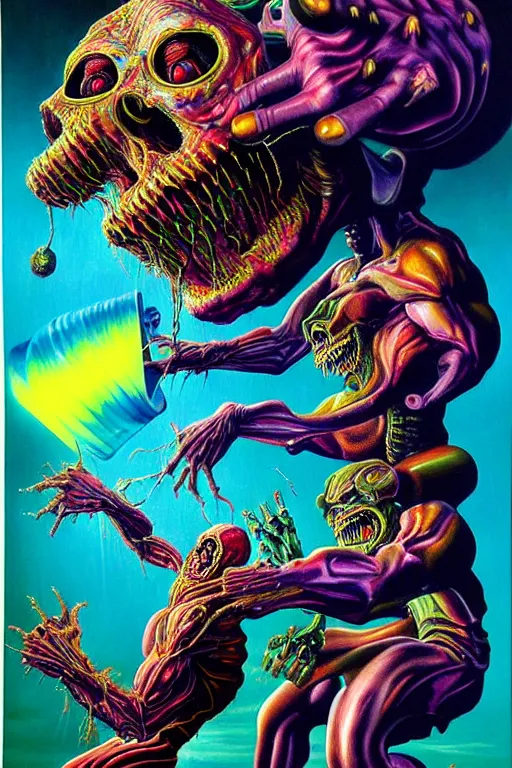 Image similar to a hyperrealistic painting of an epic boss fight against an evil physics mathematician, cinematic horror by chris cunningham, lisa frank, richard corben, highly detailed, vivid color,