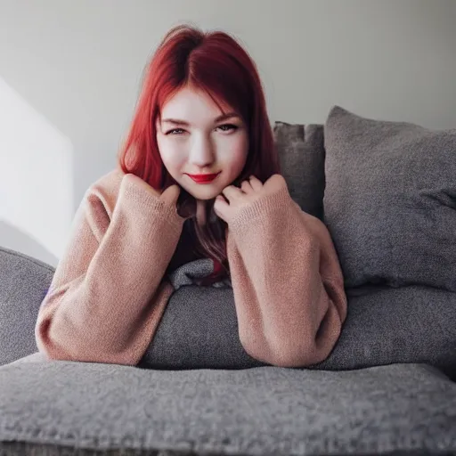 Prompt: photograph of a cute thin young woman, red blush, wearing casual clothes, small smile, relaxing on a couch, cuddling up under a blanket cozy living room, medium shot, 8 k, trending on instagram, photorealistic, trending on pinterest, portra 4 0 0