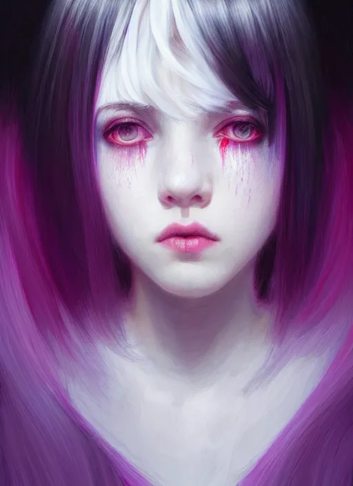 Image similar to portrait of teenage girl, red irises, bangs, black and white hair, white bangs, purple clothes, white bangs, two color hair, black hair and white bangs, intricate, elegant, glowing lights, highly detailed, digital painting, artstation, concept art, smooth, sharp focus, illustration, art by wlop, mars ravelo and greg rutkowski