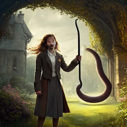 Prompt: emma watson as hermione granger, standing in front of a giant mouse, holding the elder wand, in a garden, digital art by greg rutkowski, artstation, sharp focus, intricate, detailed, but as photography by steve mccurry
