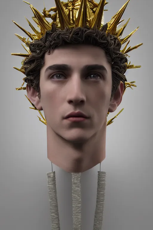 Image similar to a realistic porcelain full-head baroque style bust of handsome young seductive Spanish prince with a spiky hair, wearing a crown made out of woven pipe cleaners, suspended in outer space, photorealism, octane render, depth of field, 8k, 35mm, artgem, Trending on artstation