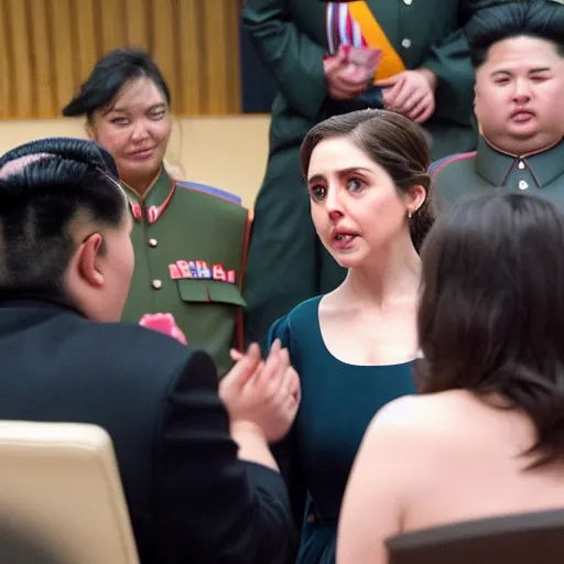 Image similar to close up shot of alison brie engaging peace talks with kim jong un at the slough corn exchange. photography, photographic