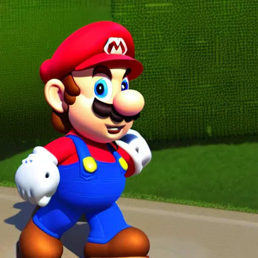 Image similar to 3d render of Mario with no hat wearing a long pink wig