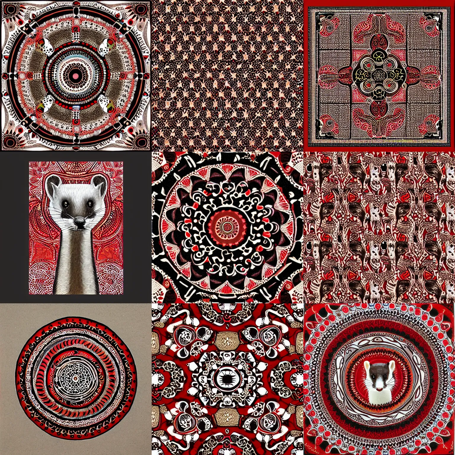 Image similar to weasel / stoat / ermine, red - black, mandala