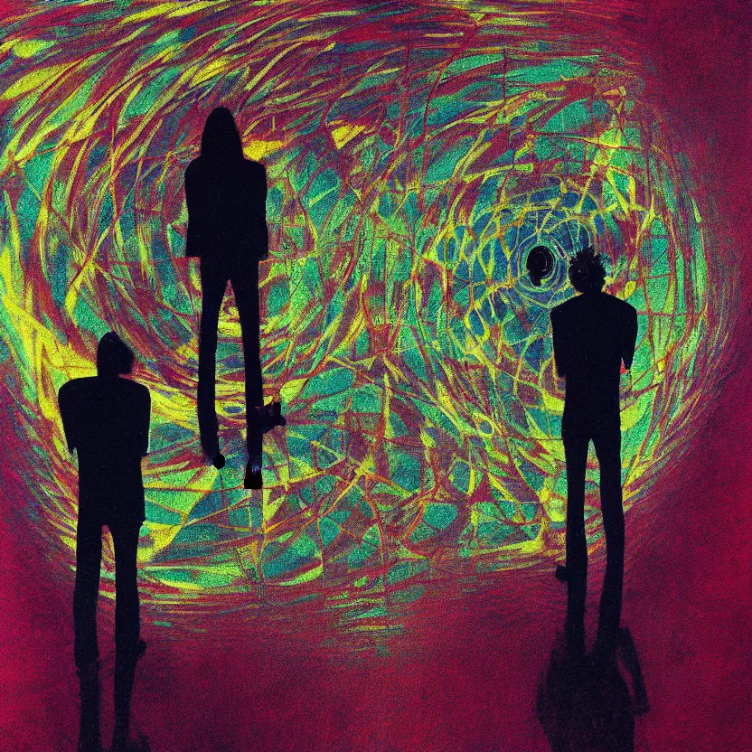 Image similar to realistic detailed image closeup of two people standing on top of a checkered floor, an album cover by syd barrett, tumblr, neo - expressionism, darksynth, nightmare, cosmic horror, fisheye view, artstation