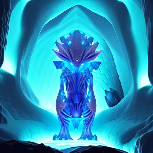 Prompt: ( ice pokemon ) creature creature in a alaska cave, bioluminescent bioluminescent translucent translucent : : by michal karcz, daniel merriam, victo ngai and guillermo del toro : : ornate, dynamic, particulate, intricate, elegant, highly detailed, centered, artstation, smooth, sharp focus, octane render, 3 d