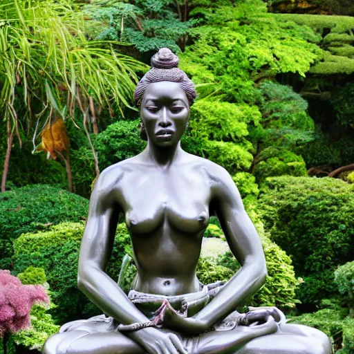 Image similar to marble statue of naomi campbell meditating in a rococo japanese garden