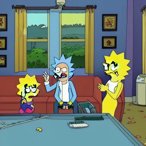 Image similar to Rick & Morty starring in the simpsons couch-gag