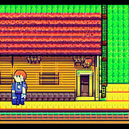 Prompt: a lazy miner, train station background, 8 - bit pixel art. cute. by studio ghibli