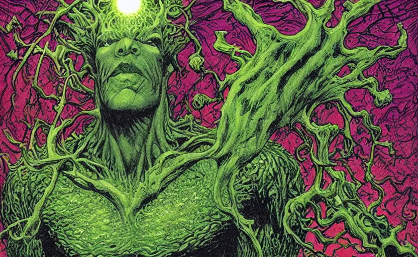 Image similar to a gorgeous hyper detailed semi symmetrical splash page DC comics color illustration of Swamp Thing going into the green having a transcendent psychedelic experience communicating with the elemental gods by John Totleben