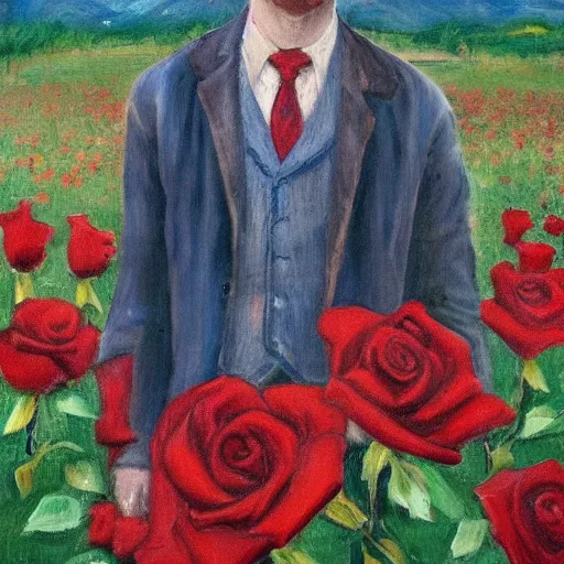 Image similar to an impressionist painting of a tall man with blue eyes and brown hair stands in the middle of a field of red roses. He is wearing a leather wide brim hat and a leather vest. He holds a single red rose in his hand