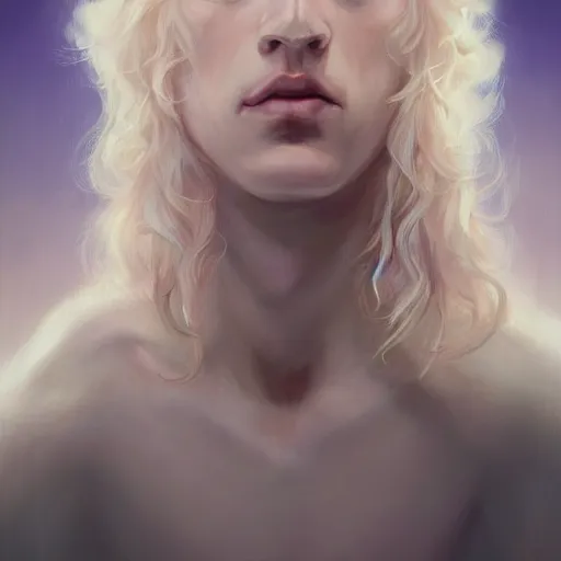 Image similar to a portrait of a beautiful androgynous blond man, germanic pale white skin and long fluffy curly blond hair, sharp lavender eyes, Center parted curtain bangs, close up view, head and upper body, looking upward, fullface, light from above, by Peter Mohrbacher, trending on artstation, 8k